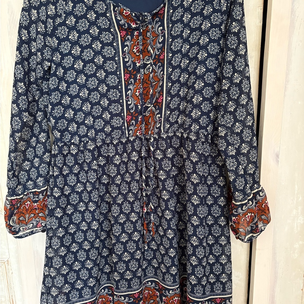 Blue and Orange Long Sleeve Sundress with Bishop Sleeves